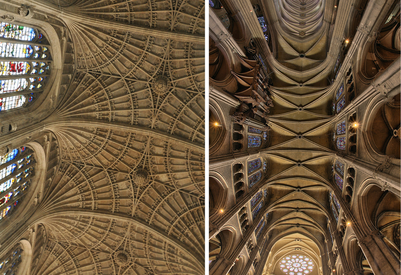 A Gothic ceiling with a fan vault (left) and without (right). Photo: wikimedia.org